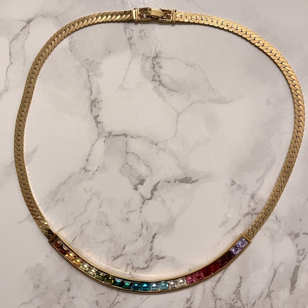 Givenchy Gold Tone Rainbow Crystal Necklace